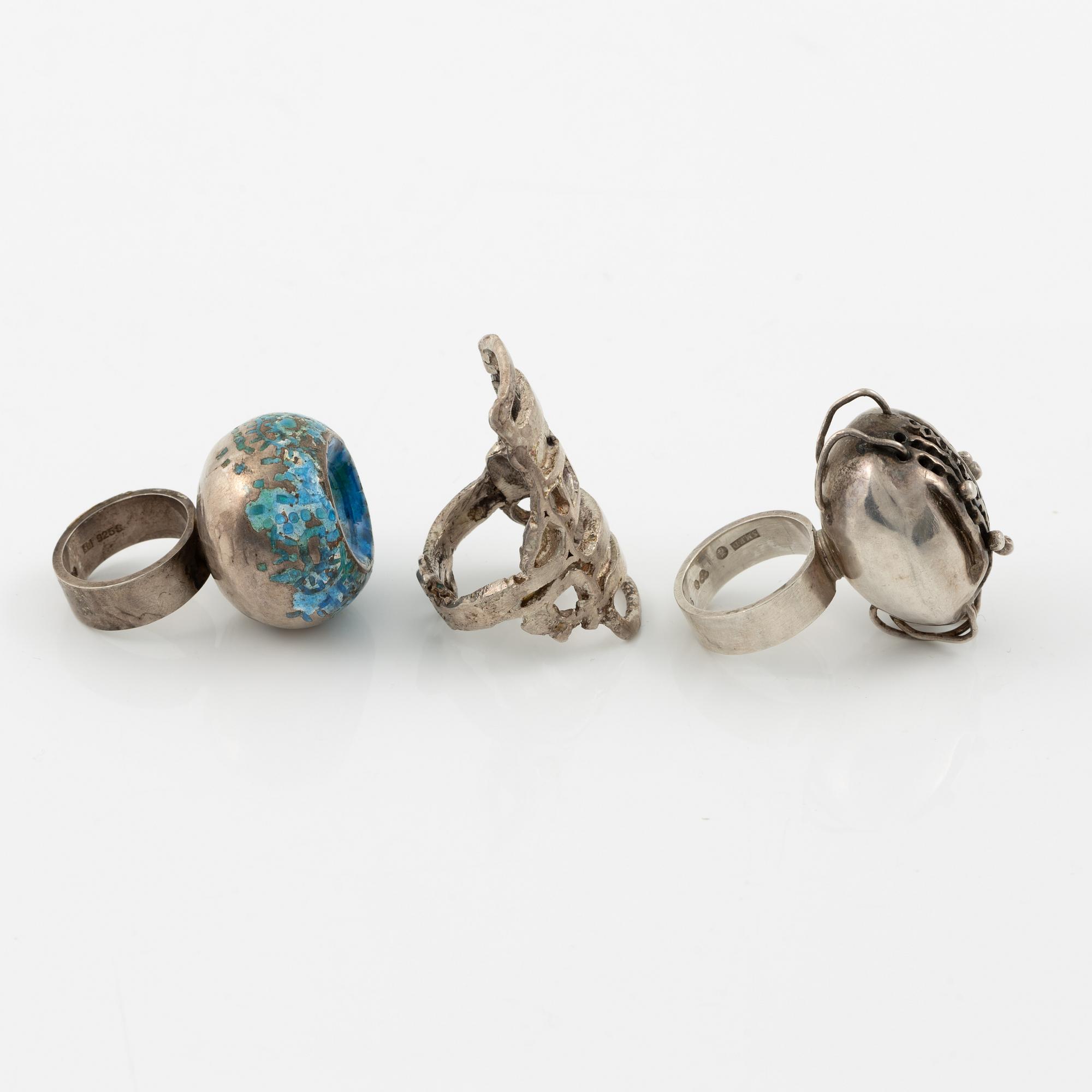 Lars Arby, three rings, sterling silver and enamel, Gothenburg 1966, 1968 and 1970.