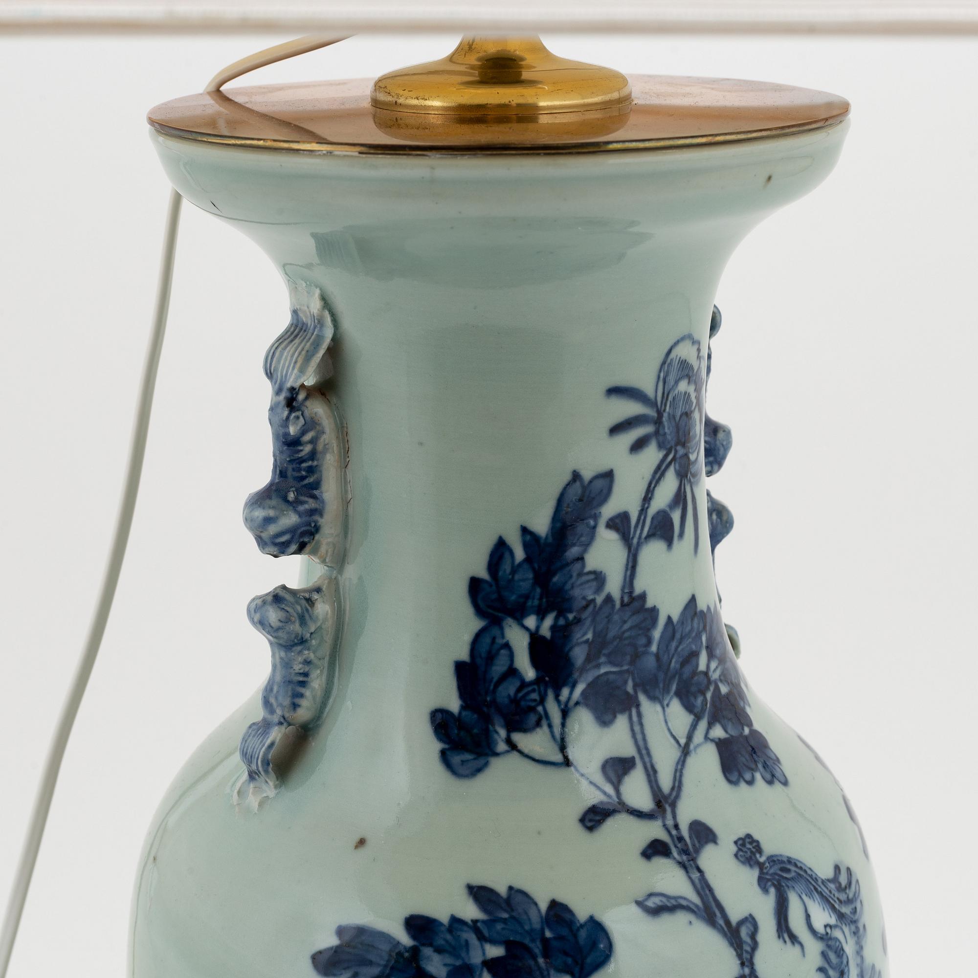 A matched pair of blue and white celadon ground vases moutned as table lamps, China, circa 1900.