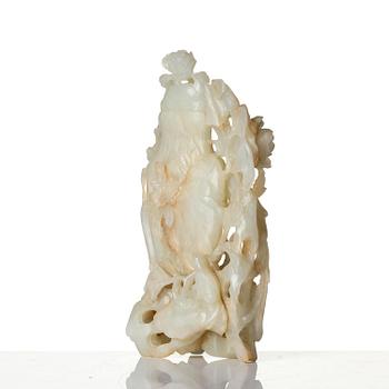 A well sculptured pale green and russet coloured nephrite vase with cover, 20th century.