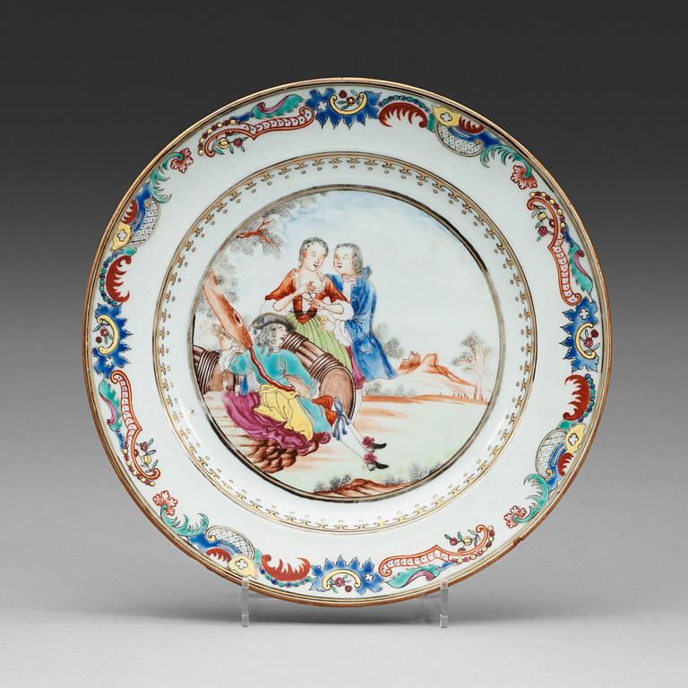 A famille rose 'European Subject' dish, Qing dynasty, Qianlong (1736-95).