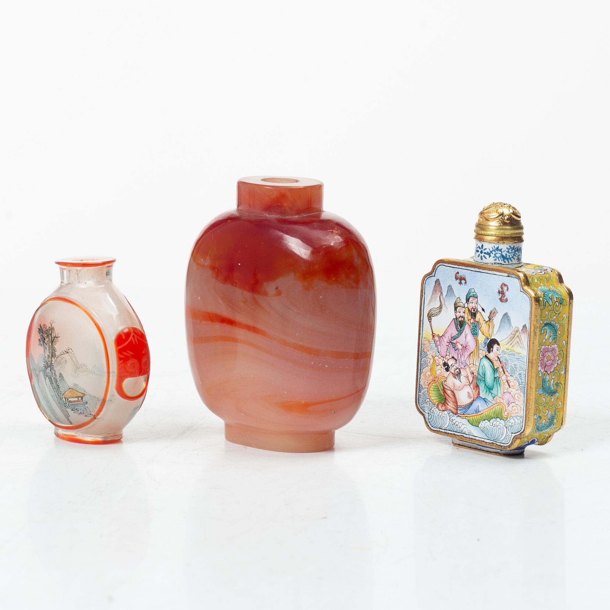 Snusflaskor, 6 st, porslin och glas, Kina, 1900-tal.