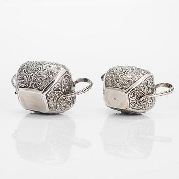 A 1940s Dutch silver sugar bowl and cream jug on a tray, Amsterdam, 1947 and 1942.
