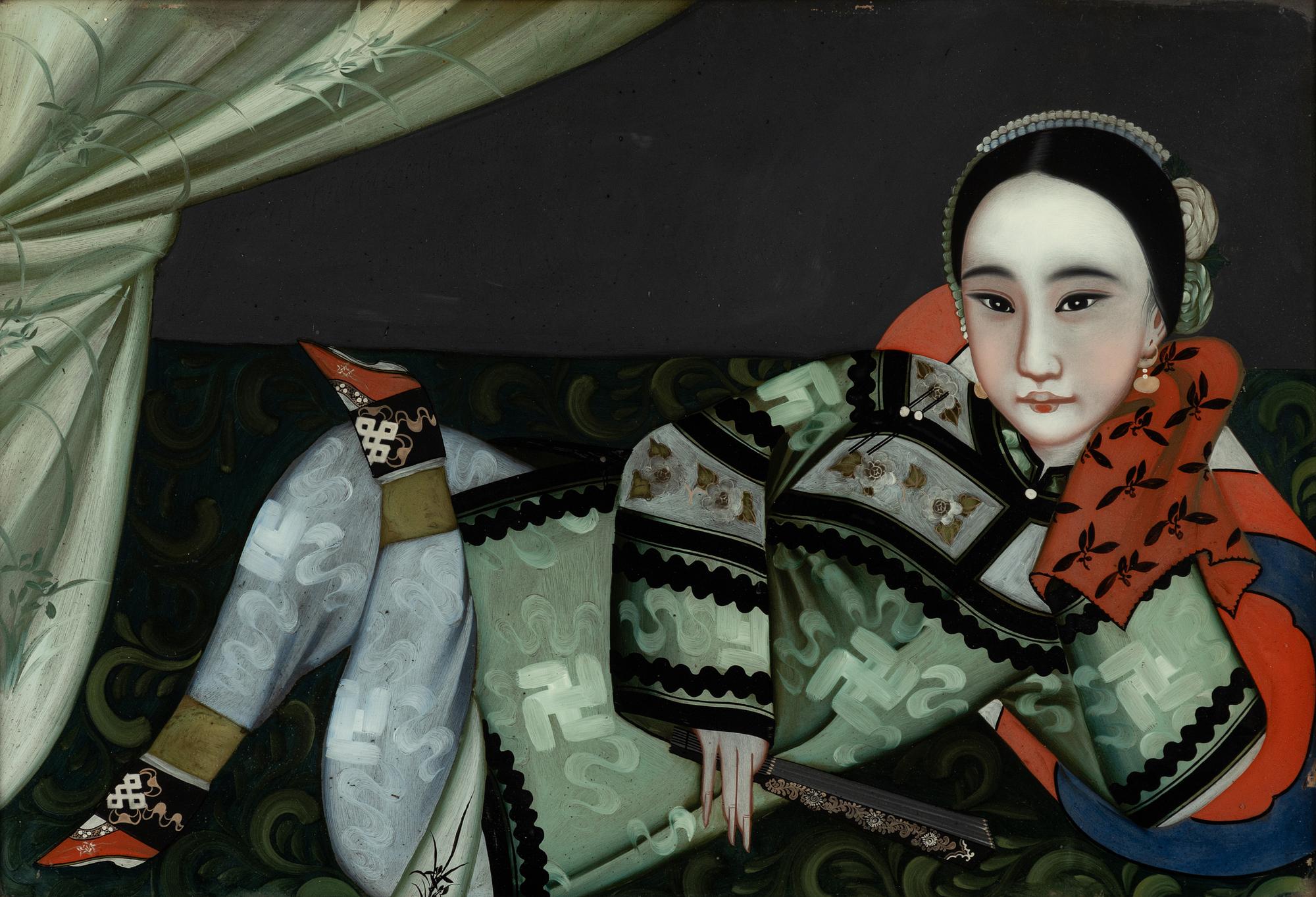 Glasmålningar, ett par, Kina, 1900-tal.