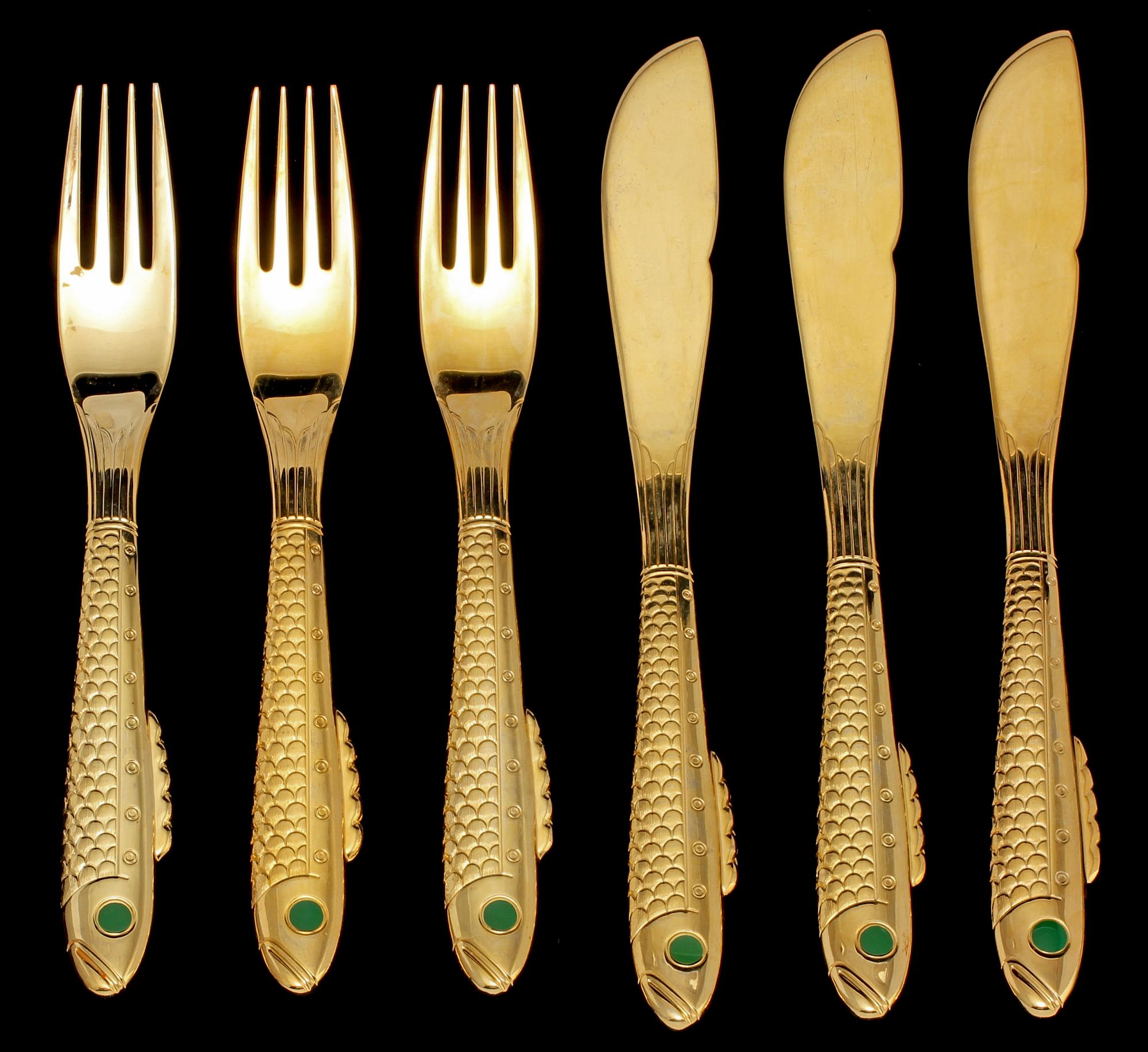 BESTICK, 34 st, förgyllt rostfritt stål, "Nobel", Gunnar Cyrén, Gense, efter 1992.