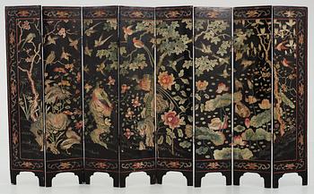 An eight panel lacquer screen, Qing dynasty, presumably Kangxi (1662-1722).