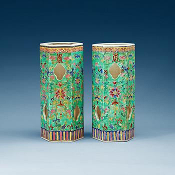 1535. A pair of famille rose turkoise ground hat stands/lanterns, Qing dynasty, with Guangxus mark.