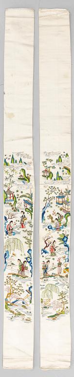 A group lot of embroidered silk textiles and a silk sowing purse, late Qing dynasty/early 20th century.