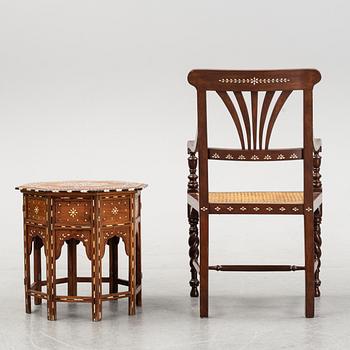 A Middle-Eastern occasional table and armchair, 20th Century.