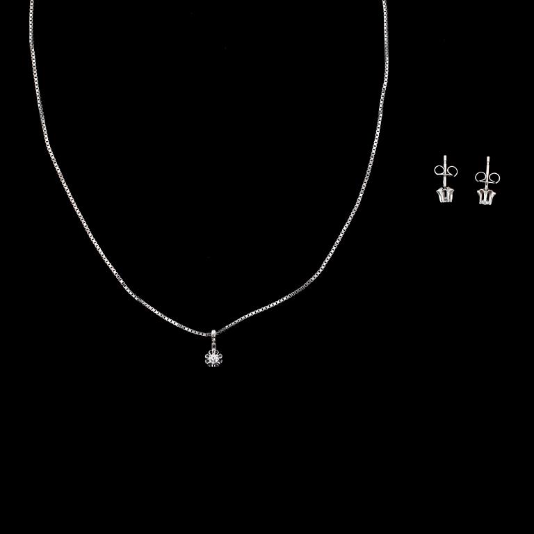 HÄNGE med HALSKEDHA samt ÖRHÄNGEN, ett par, 18k vitguld med briljantslipade diamanter tot ca 0.18 ct. Tot vikt 4,8 g.