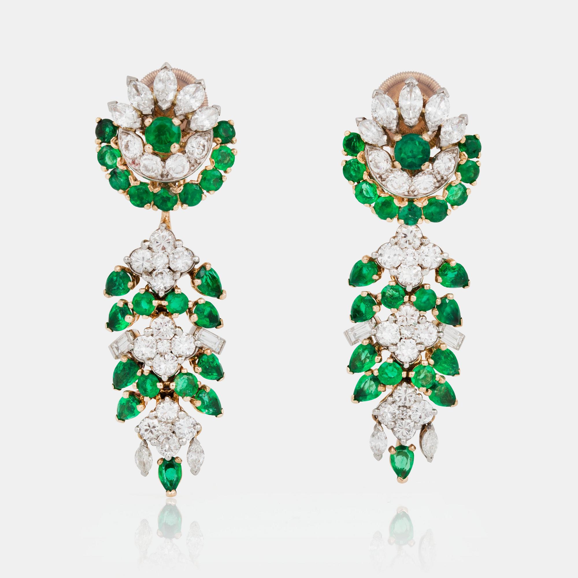 A pair of Marchak, Paris, emerald and diamond earrings.