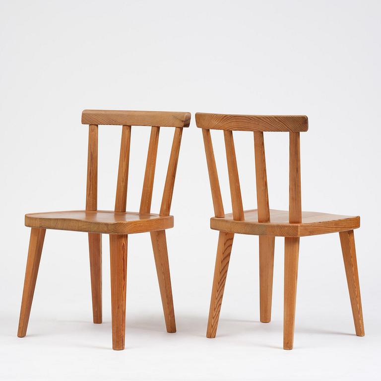 Axel Einar Hjorth, a set of six stained pine "Utö" chairs, Nordiska Kompaniet, Sweden, 1930s.