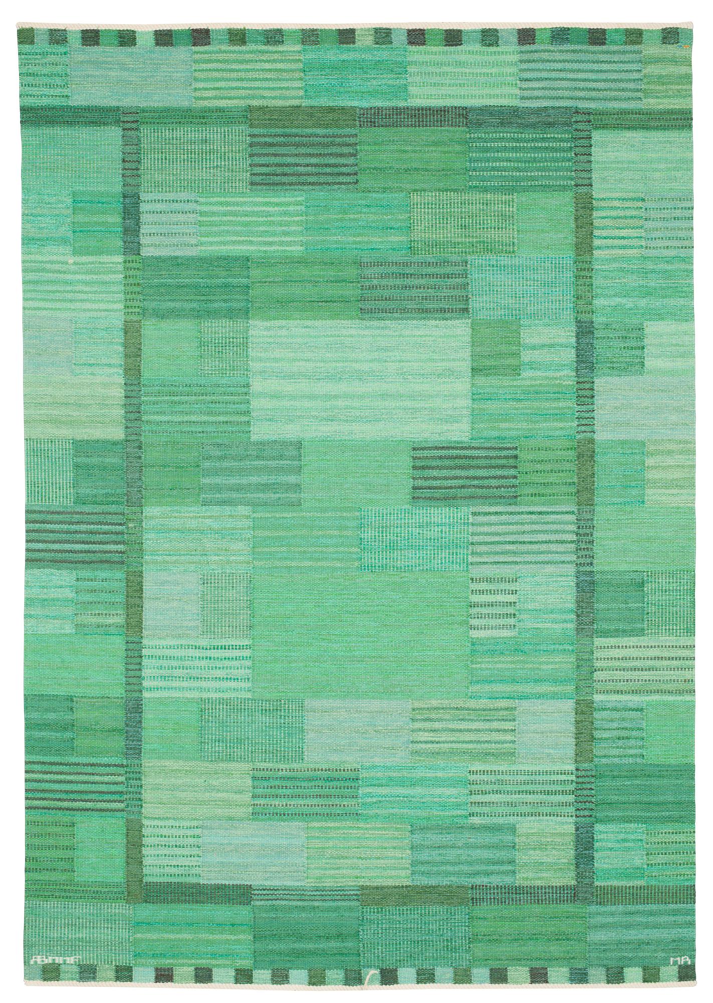 CARPET. "Fasad, grön II". Flat weave (rölakan). 255,5 x 177 cm. Signed AB MMF MR.