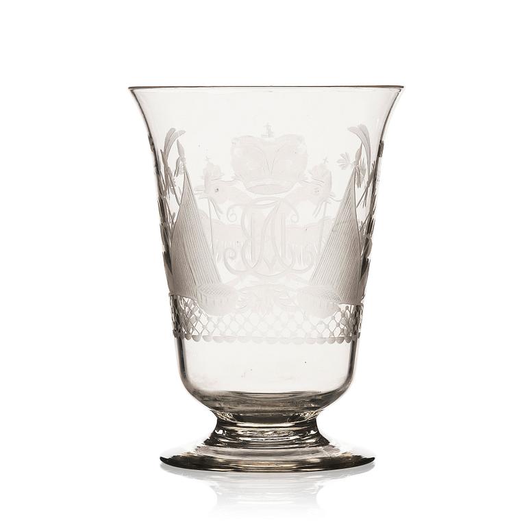 A Russian commemorative glass Goblet, engraved with Russian imperial crown and monogram, around 1900.