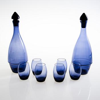 HELENA TYNELL, Two 'Penguin' carafe and six drinking glasses, Riihimäen Lasi Oy. In production 1964-1965.