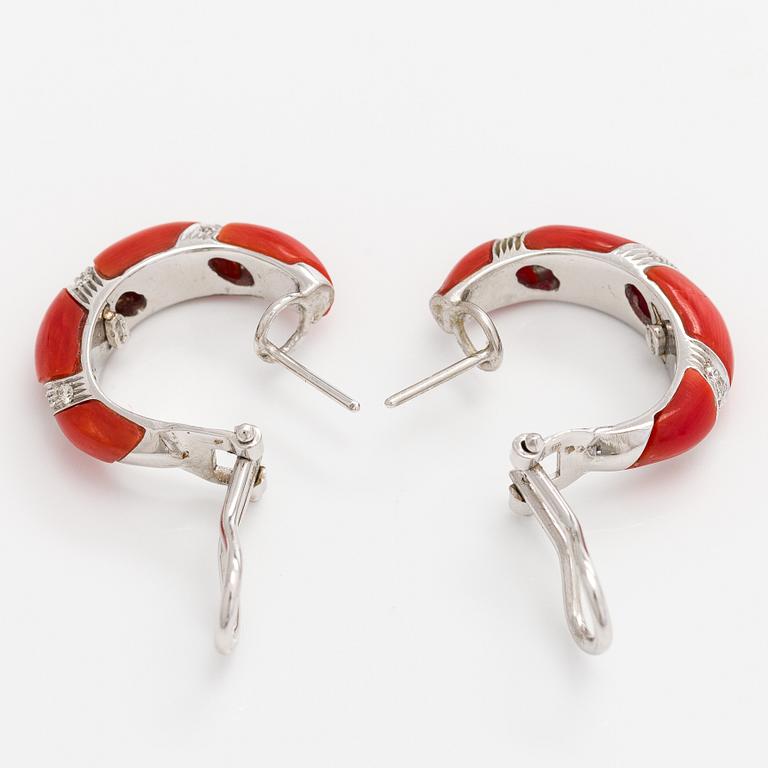 Earrings, coral, 18K white gold, brilliant-cut diamonds, Italy.