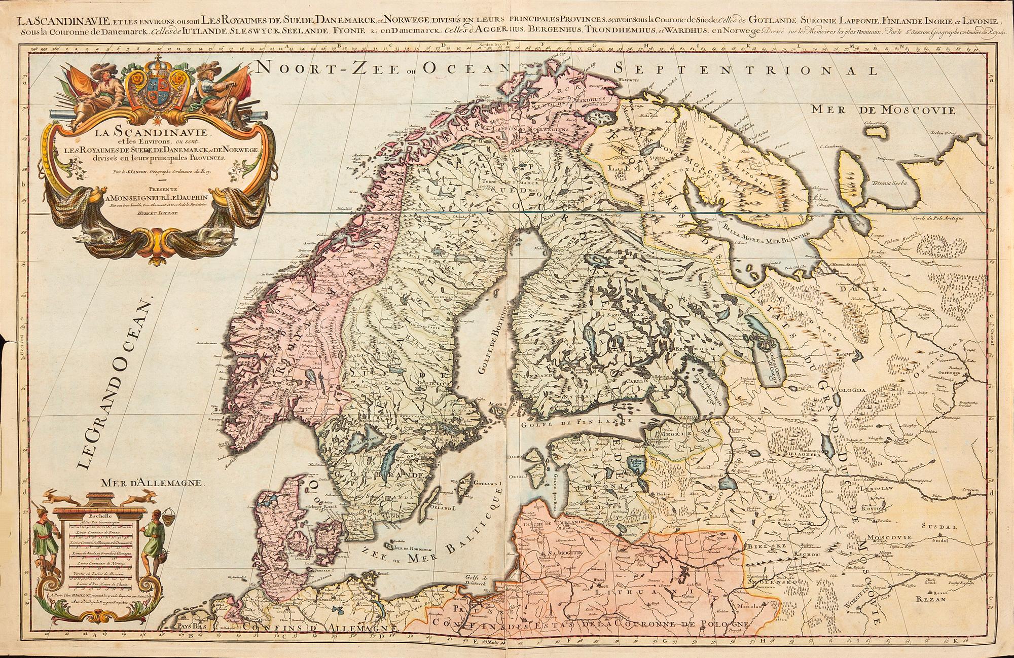 Alexis Hubert Jaillot, map of Scandinavia, hand colored copper engraving, Paris 1681.