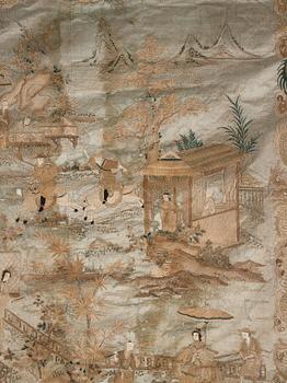 A large embroidered silk panel, Qing dynasty, circa 1800.