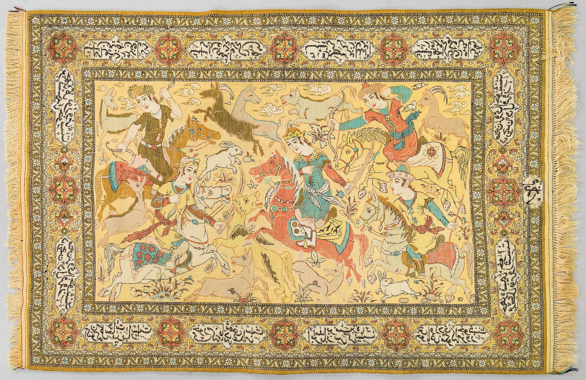 Matta, old, relief med silke, Ghom, signerad, ca 151 x 105 cm.