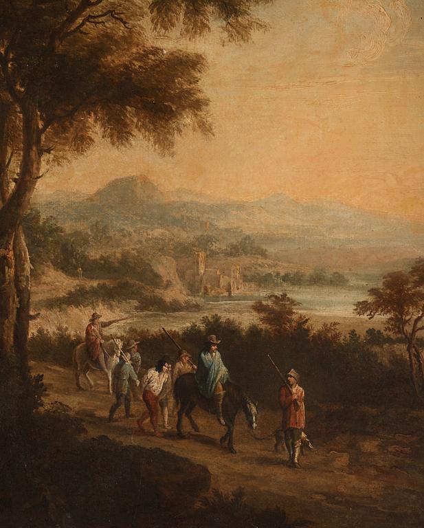 Jacques d'Arthois Attributed to, An extensive Italian landscape with a prison guard transport.