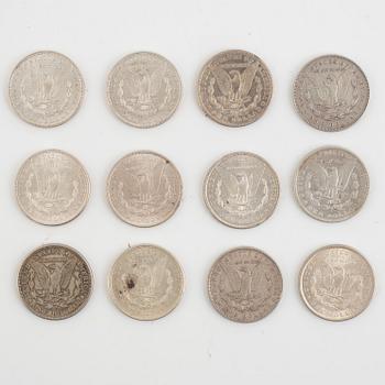 Twelve silver coins, 1 dollar, USA, 1878-1921.