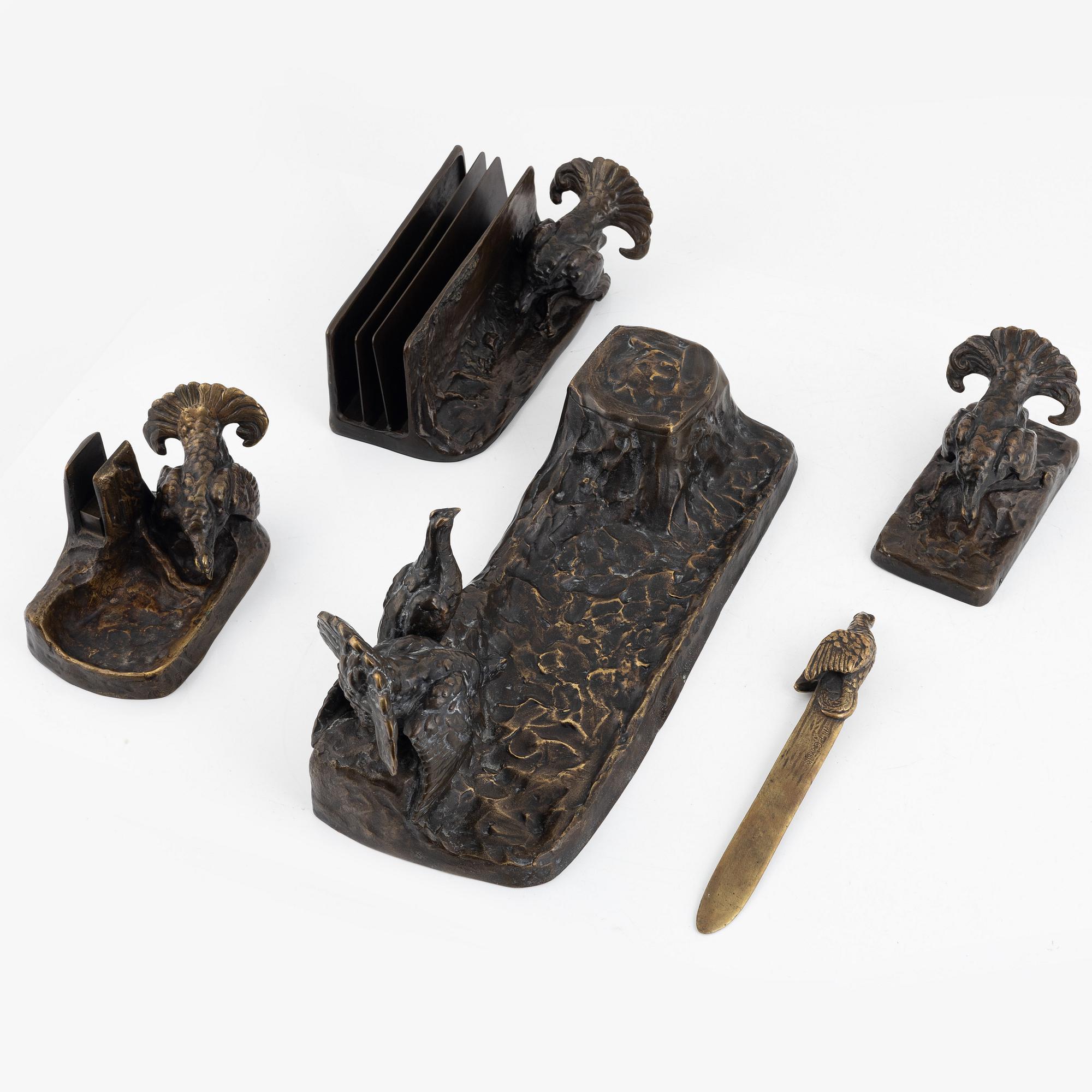 Friedrich Gornik, a five-piece bronze desk set modelled with black grouse, Jugend, 1910's/1920's.