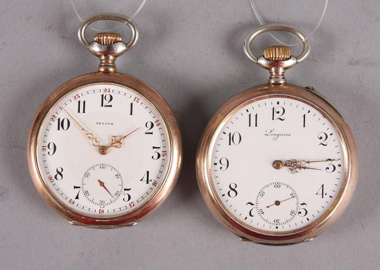 FICKUR, 2 st, Longines resp Zenith, vitmetall, 1900-tal.