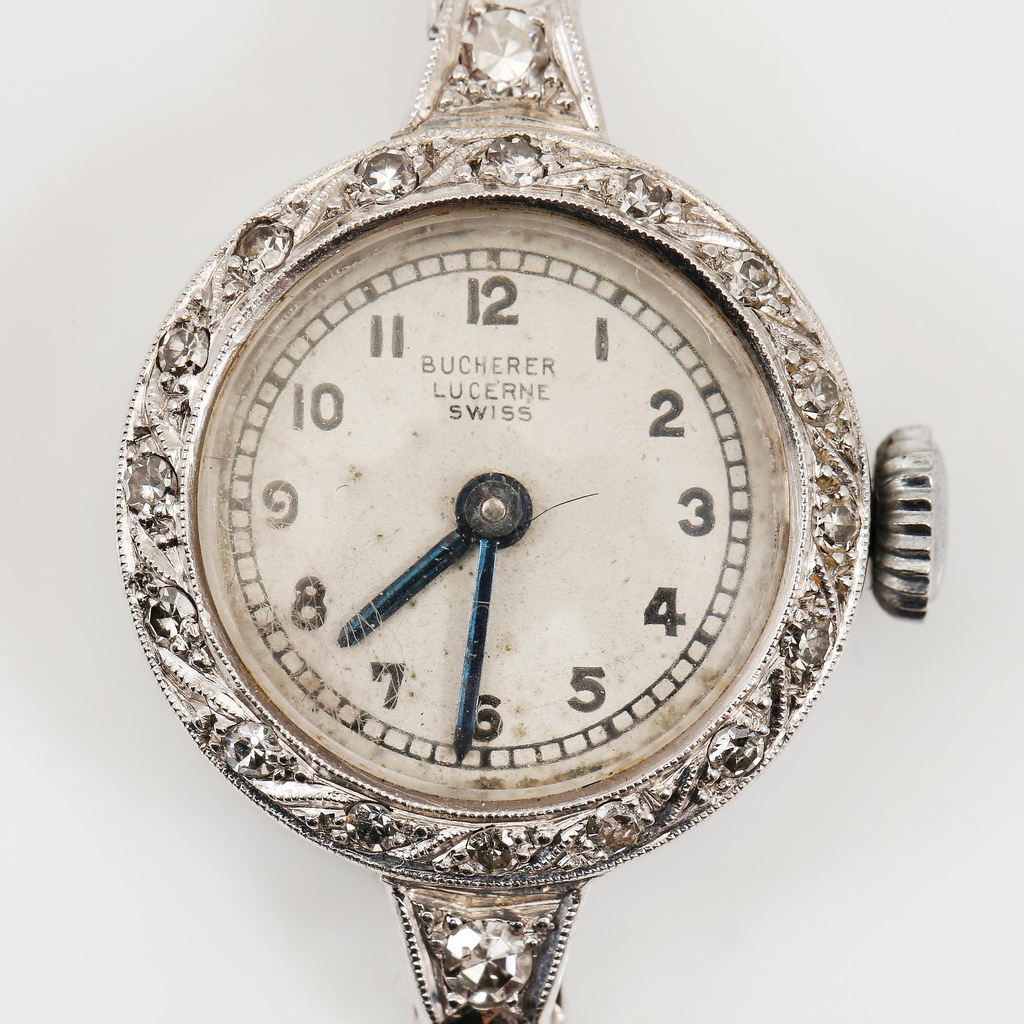ARMBANDSUR, platina, Bucherer, Lucerne, Swiss, med ARMBAND, 18K vitguld, 1949. Totalvikt med urverk ca 15 gram.