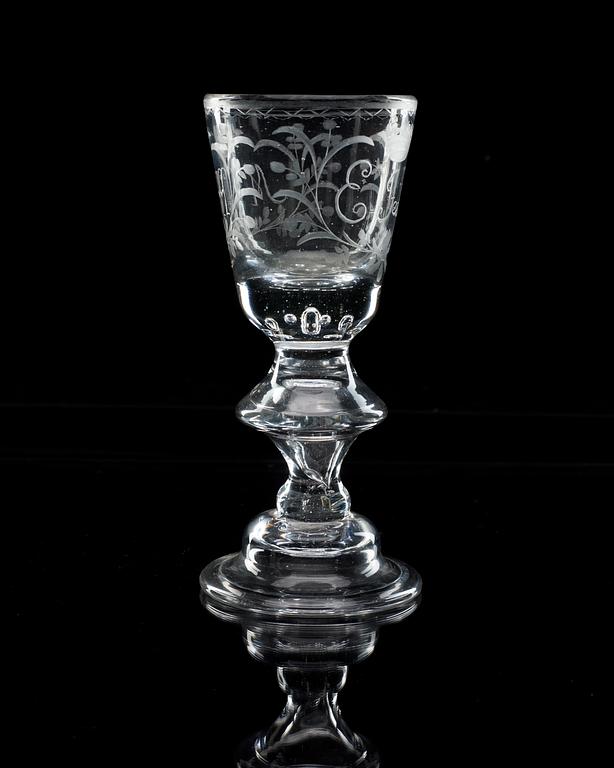An engraved German wine glass, 18th Century.