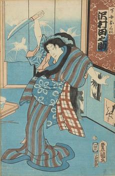 Utagawa Kunisada, färgträsnitt, 2 st, Japan, 1800-talets mitt.