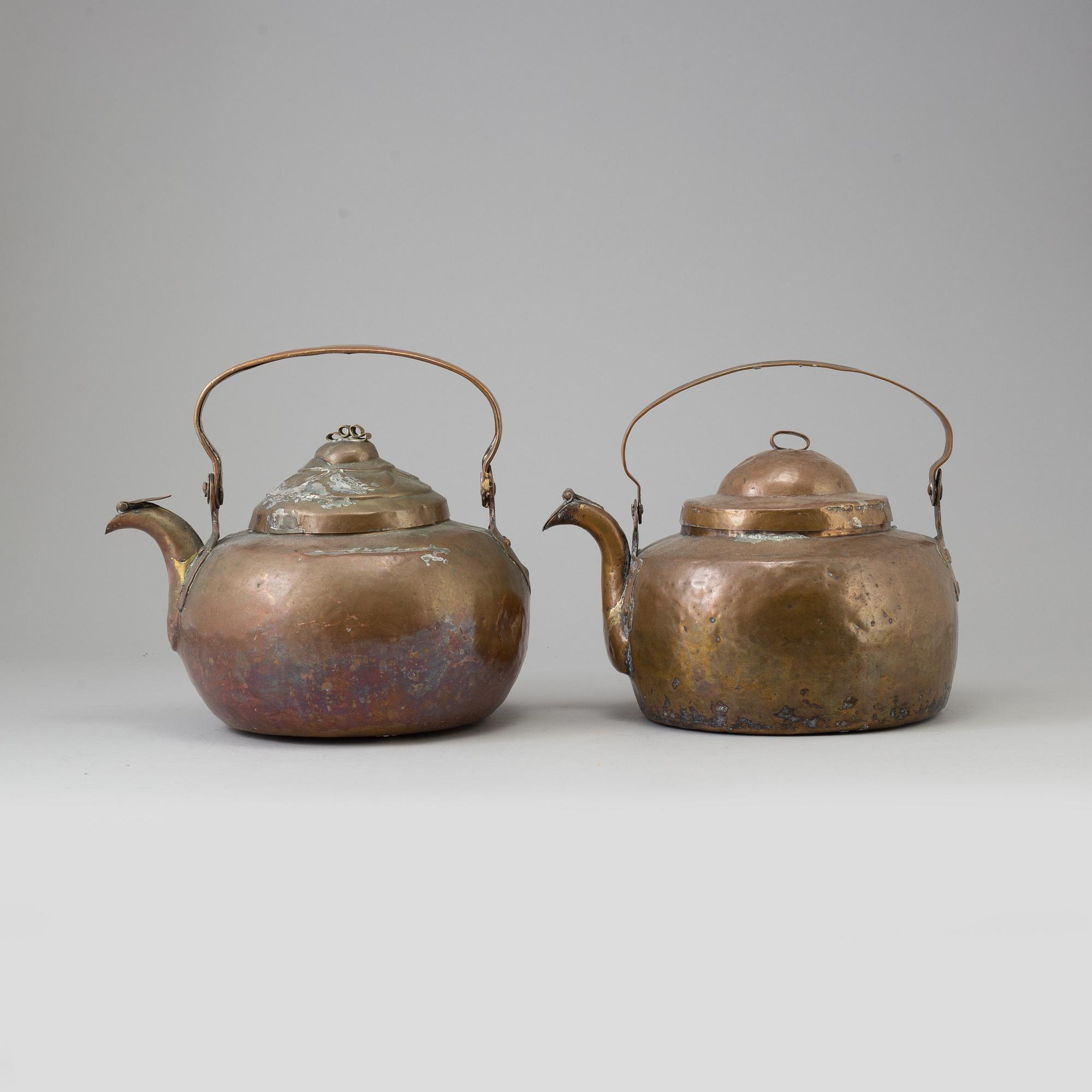 TWO COPPER COFFEE POTS, 18th-/19th century.