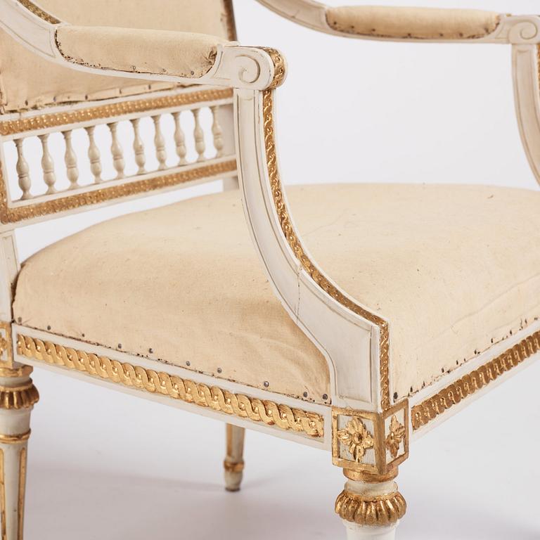 A pair of Gustavian open armchairs by J. Lindgren (master in Stockholm 1770-1800).