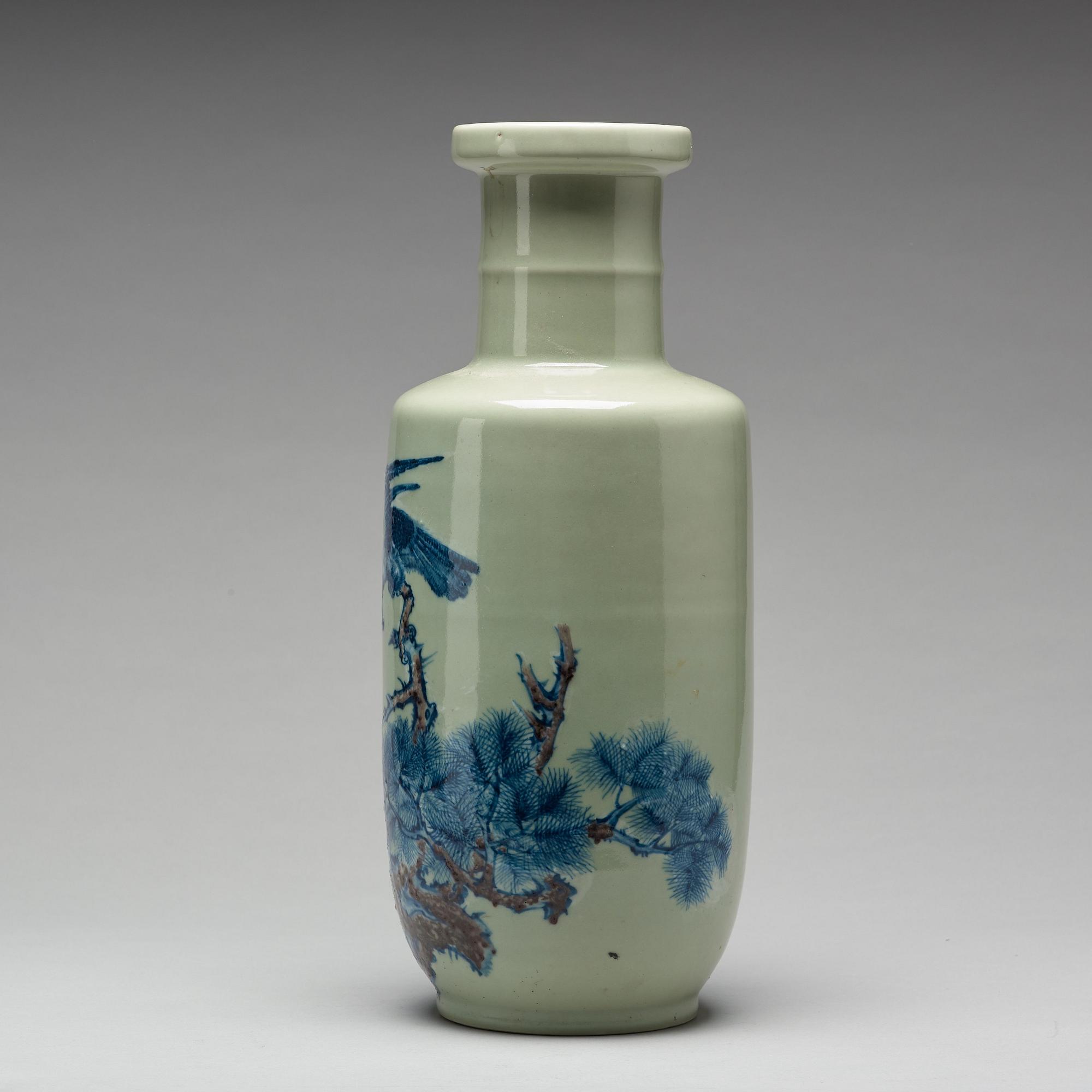 A Chinese celadon ground 'roleau' vase, Republic period, with Kangxi mark.