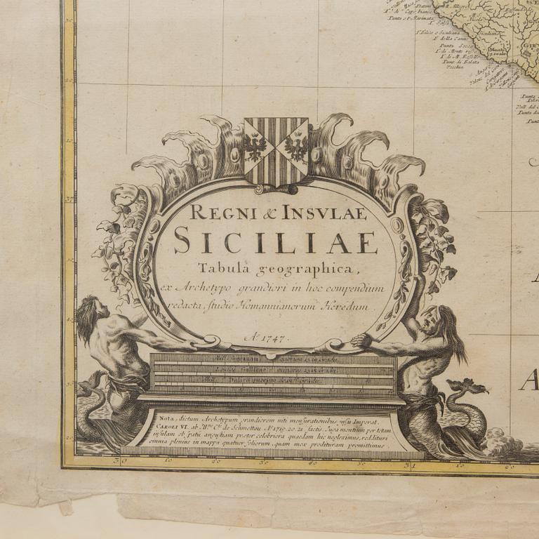 KARTA, kolorerad, "Regni & Insulae Siciliae" Nürmberg 1747.