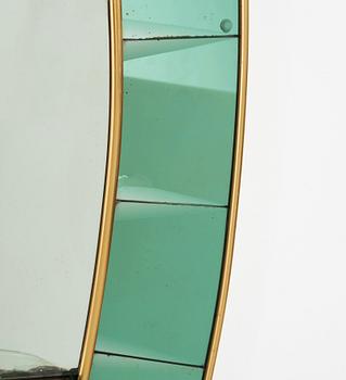 Italian designer, a wall mirror, 1950-60's. Emerald green tinted glass and brass frame.