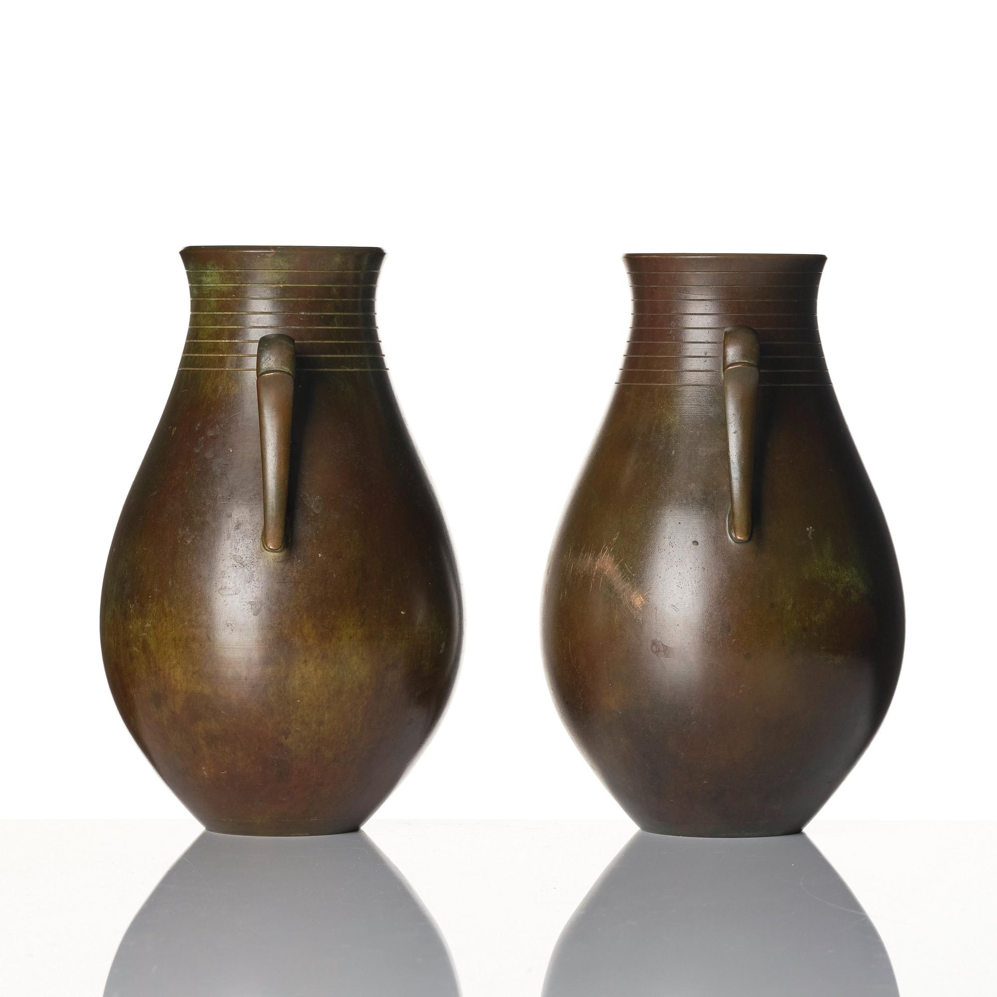 Guldsmedsaktiebolaget (GAB), a pair of Swedish Grace bronze vases, probably designed by Jacob Ängman.