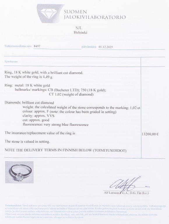 Bucherer, ring, 18K vitguld med briljantslipad diamant 1,02 ct. SJL certifikat.
