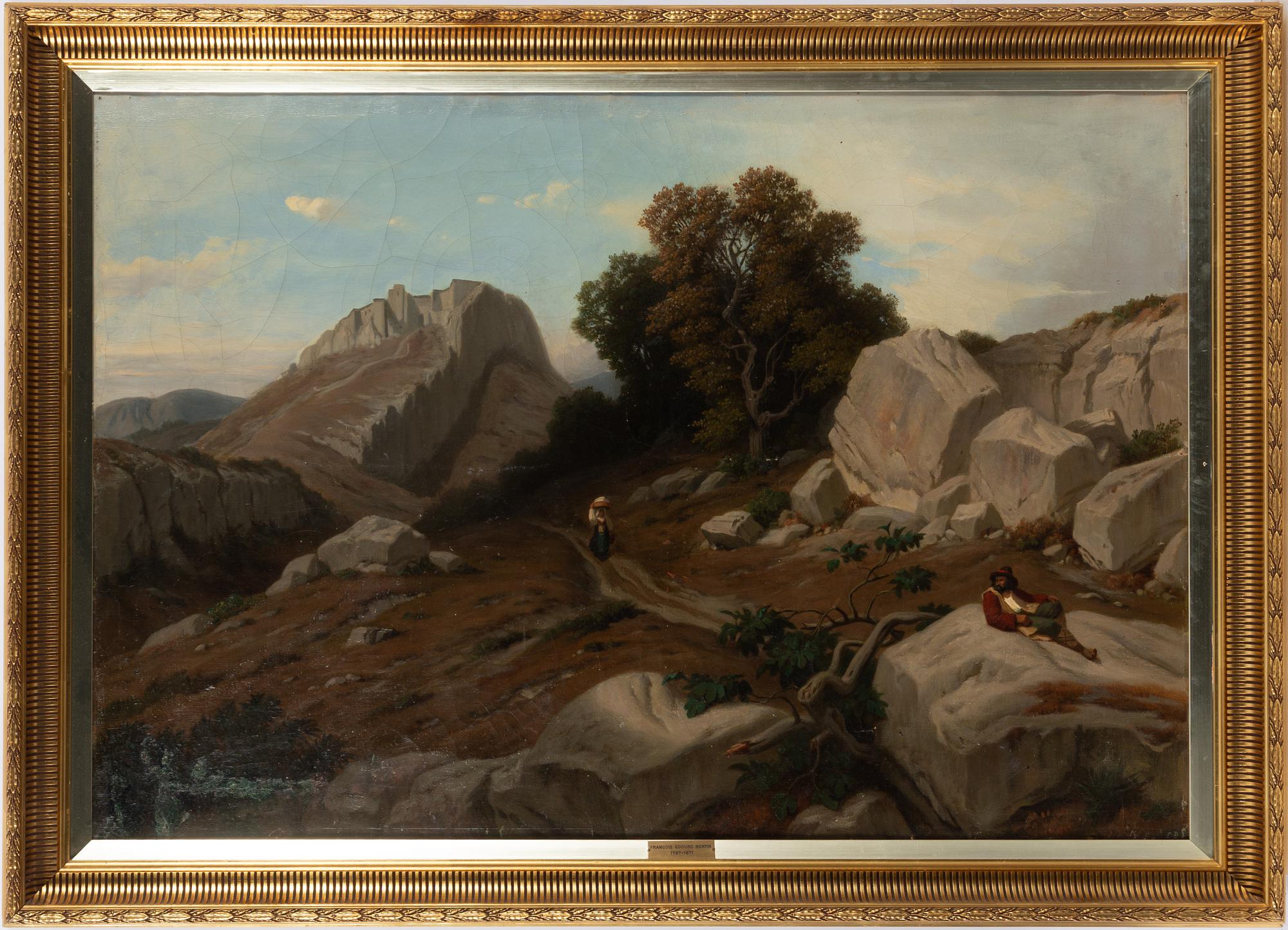 Édouard Bertin, attributed to, Mountain landscape with shepherd and wandering woman.