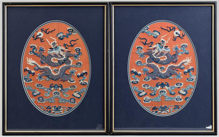 Two silk embroidered pieces, framed, late Qing dynasty.