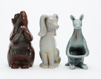 Three Gunnar Nylund stoneware figures, a kangaroo, a dog and a marmot, Rörstrand.