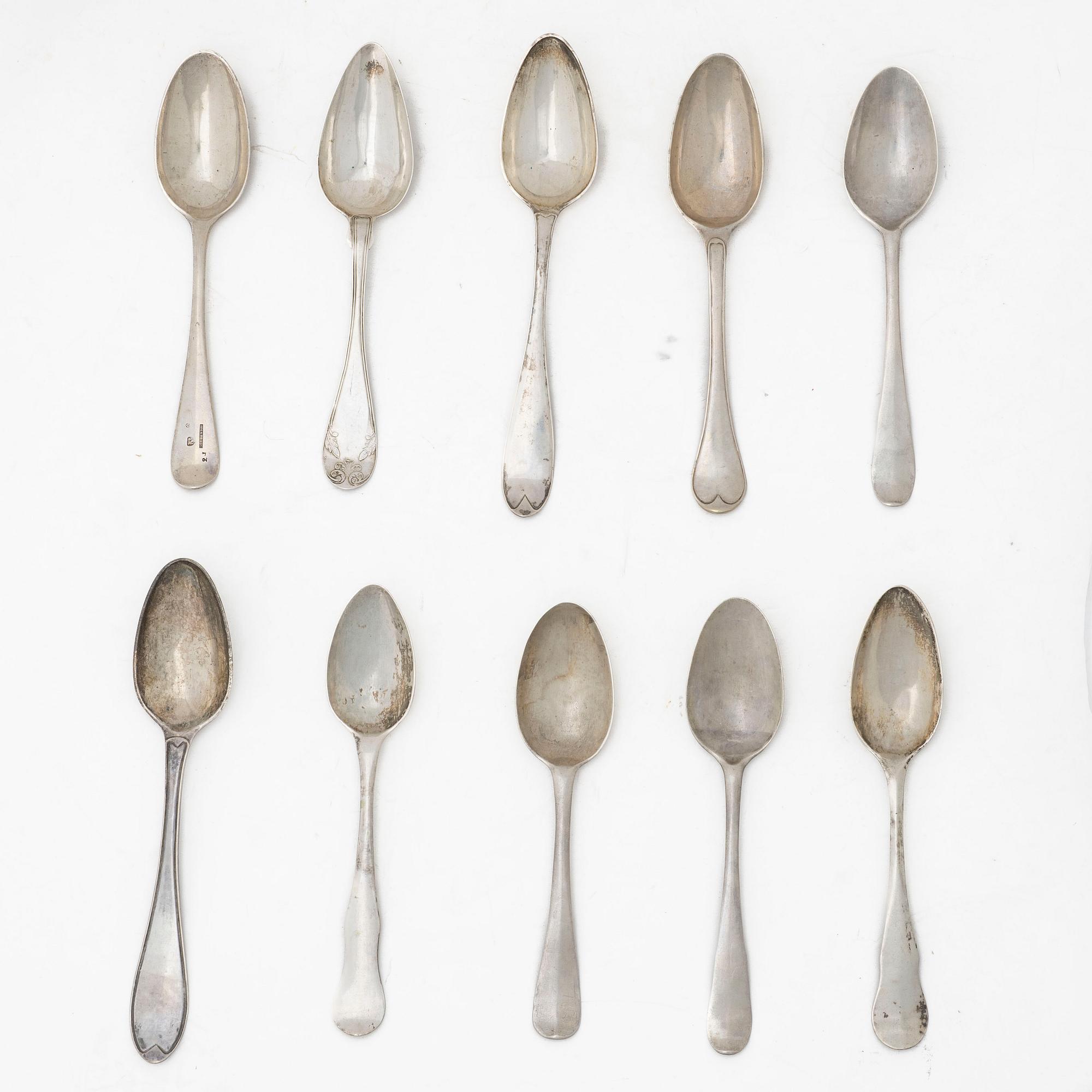 Ten Swedish silver spoons, 18th-19th Century.