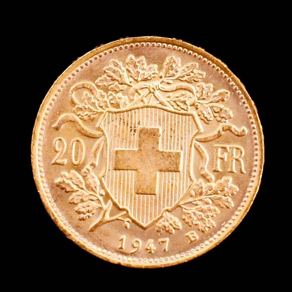 GULDMYNT, 900, Helvetia, 20 fr, 1947. Vikt ca 6 g.