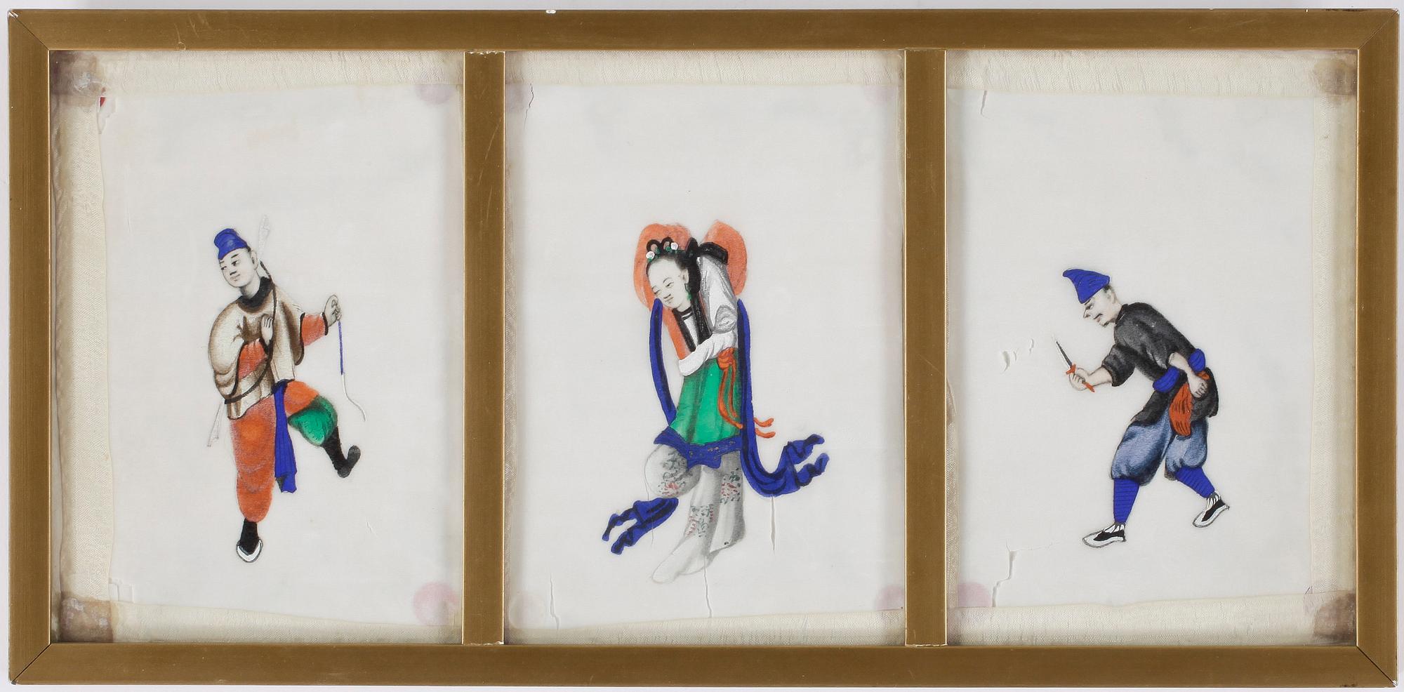 OKÄND KONSTNÄR, 3 st samramade, gouache på rispapper, Kina, 1900-tal.