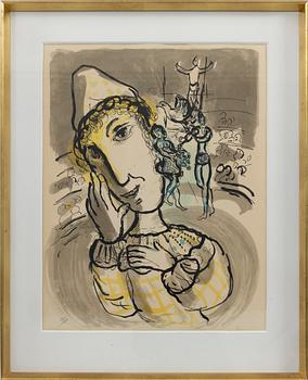 Marc Chagall, after, "Le cirque au clown jaune" translates to "The circus with the yellow clown.".