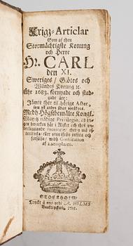 BOK: Krigs-Articlar som af then Stormächigste Konung och Herre Carl den XI, tryckt 1715.