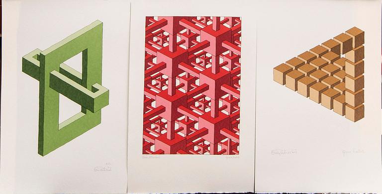 Oscar Reutersvärd, three color lithographs, signed épreuve d'artiste.