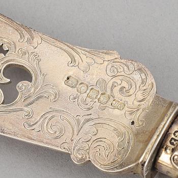 Förläggsbestick, 2 par i etuier, silver, Thomas Prime & Son, 1892-93 samt Birmingham 1848.