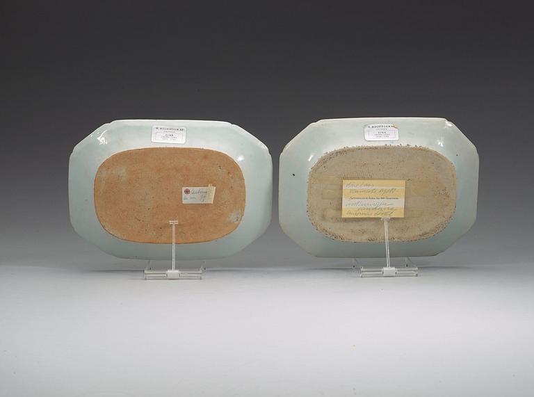 A pair of famille rose 'double peacock' serving dishes, Qing dynasty, Qianlong (1736-95).