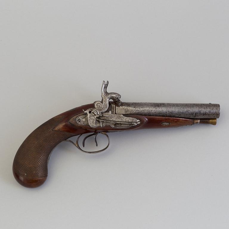 SNAPPLÅSPISTOL, dubbelpipig, otydlig signatur, 1800-tal.