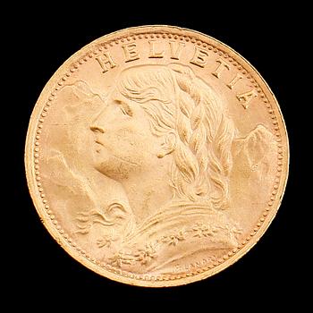 GULDMYNT, 20 franc, Schweiz, 1935. Vikt ca 6 gram.