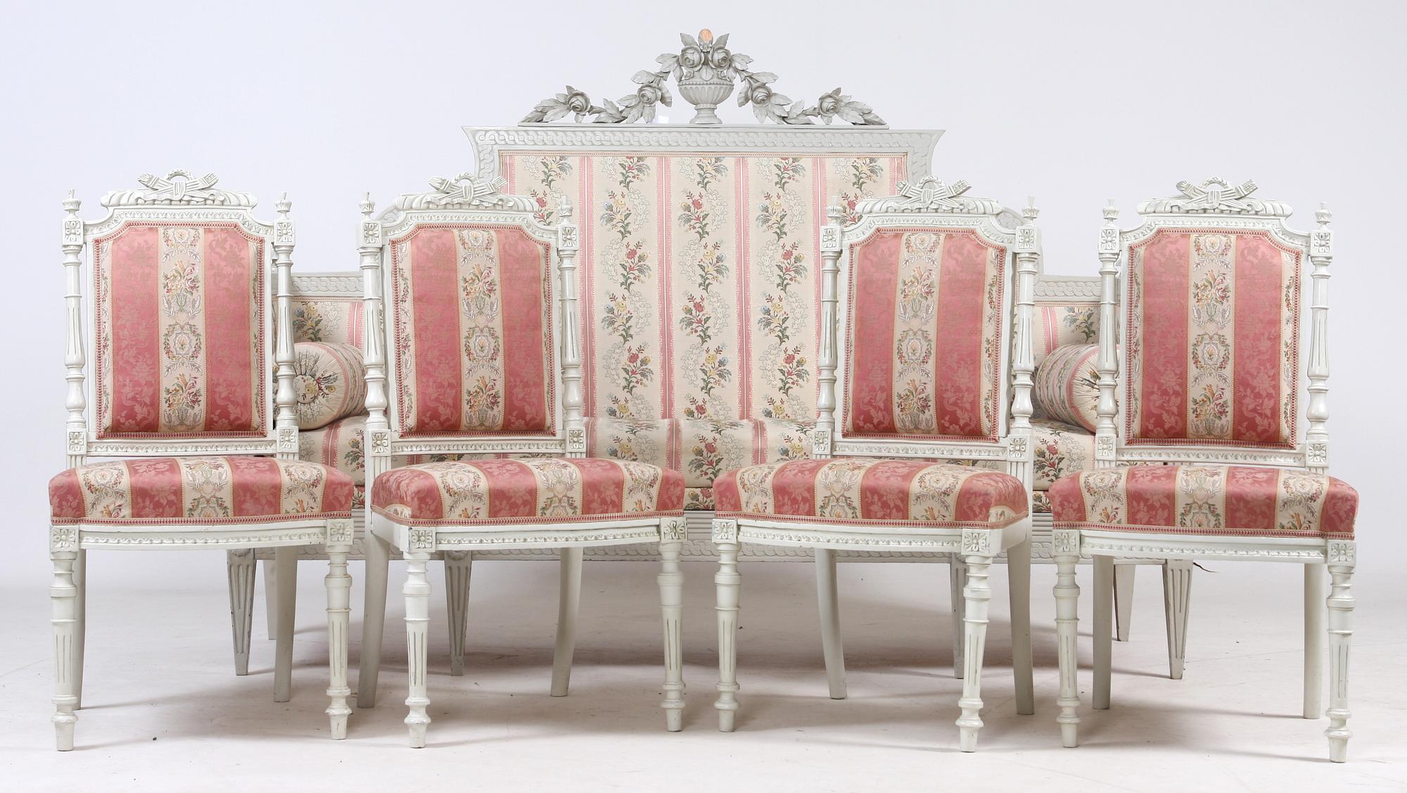 SOFFA samt STOLAR, 4 st, Louis XVI-stil, 1800-tal.